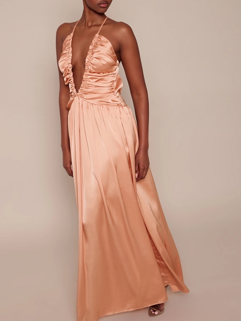 Satin Halter Ruffle Plunge Maxi Dress in Peach